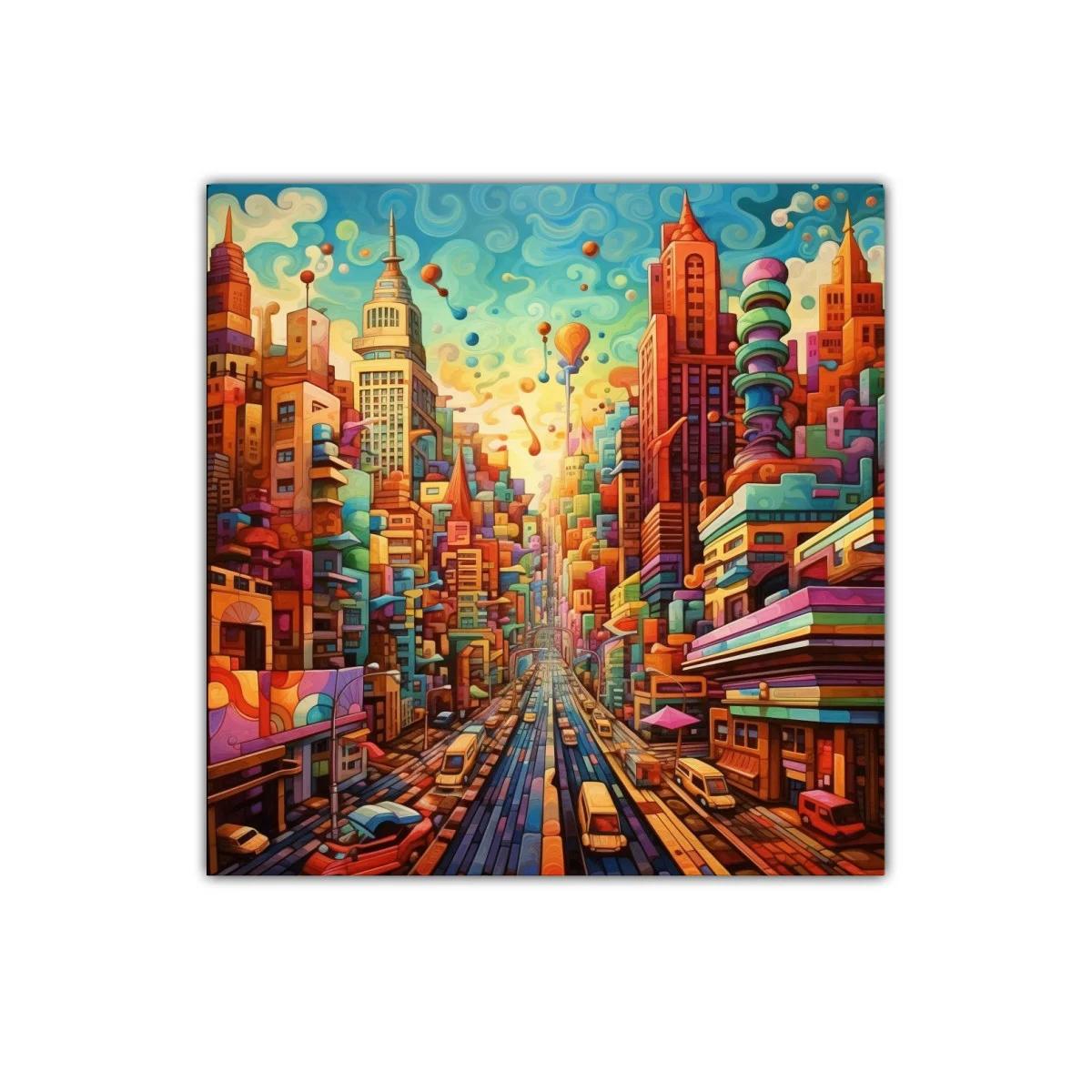 Ciudad vibrante con edificaciones coloridas y tráfico dinámico