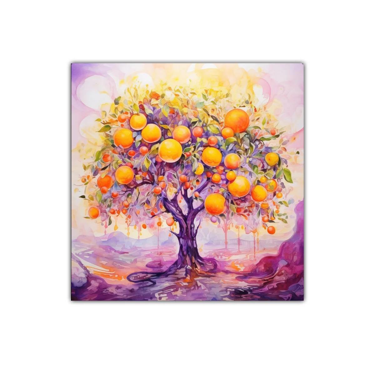 Árbol de frutas vibrantes en tonalidades cálidas y violetas — imagen principal