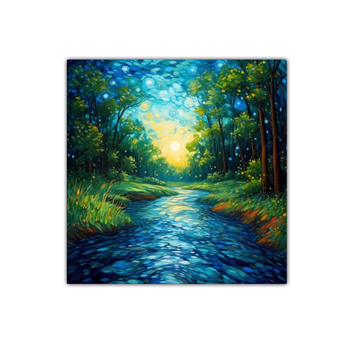 Bosque iluminado al amanecer reflejado en el río — imagen principal