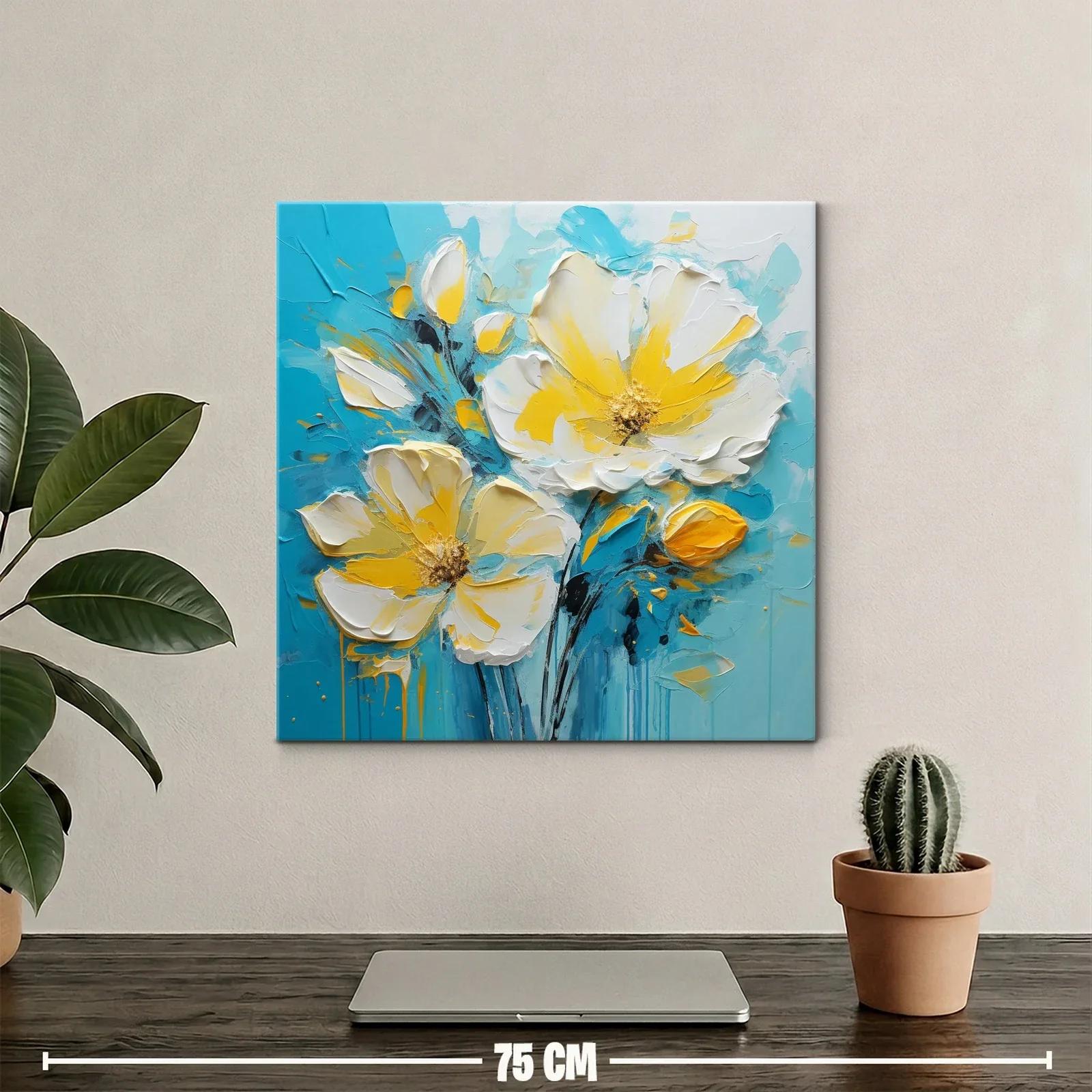 Cuadro floral en tonos amarillos y azul turquesa vibrante — miniatura 2