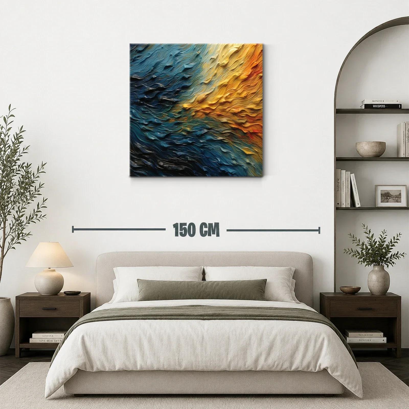 Cuadro abstracto con textura ondulada en tonos cálidos y fríos — miniatura 3