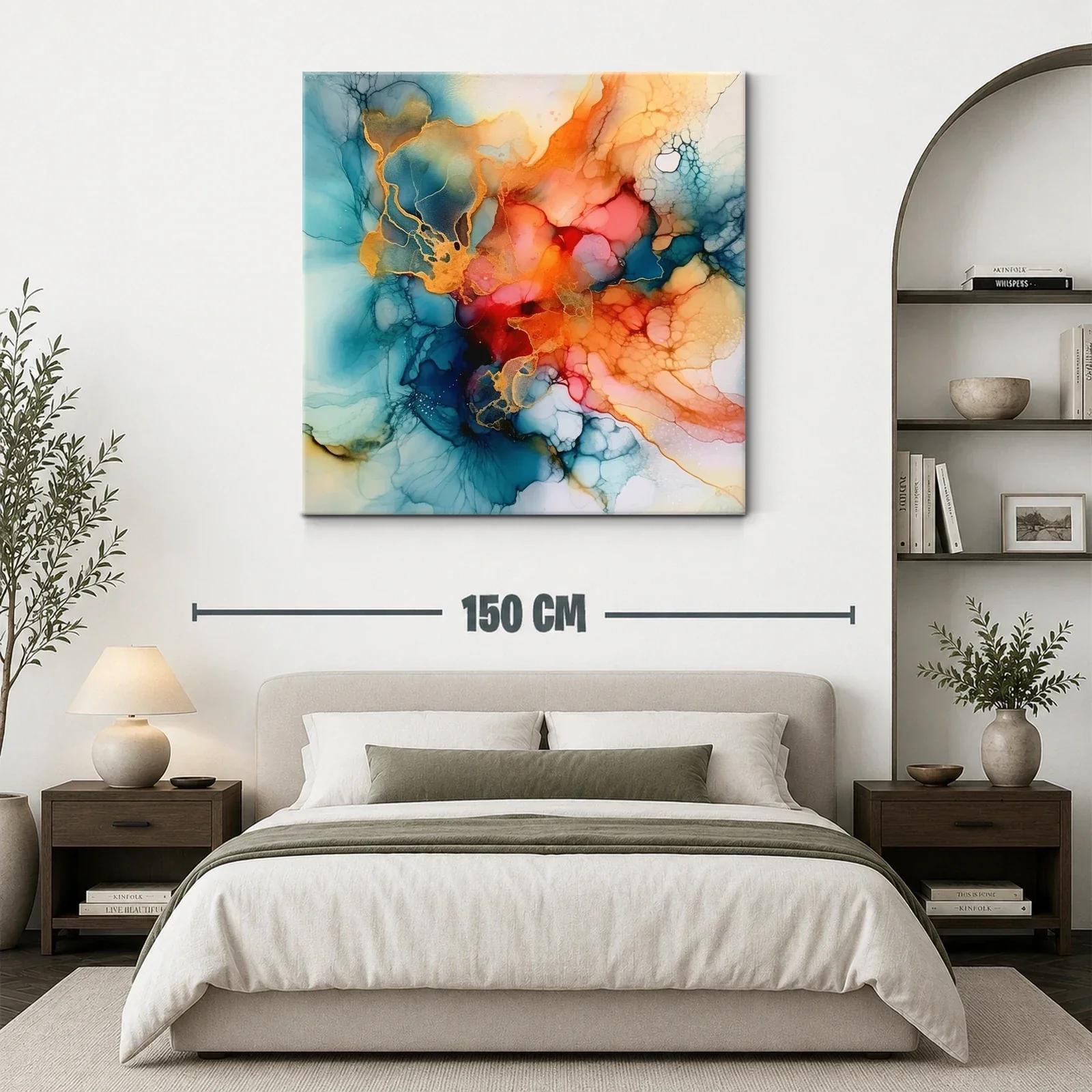 Cuadro abstracto con fluidez en tonos cálidos y azules — miniatura 3