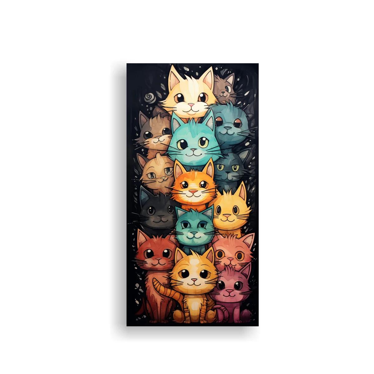 Cuadro grupo de gatos de colores con caras expresivas