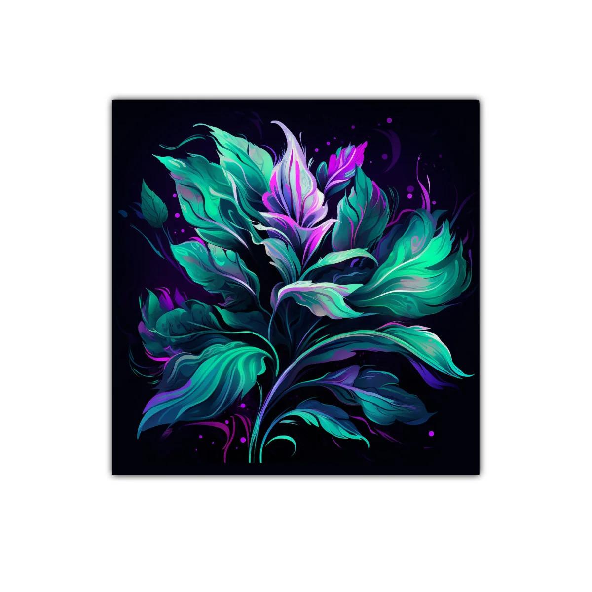 Cuadro decorativo de hojas vibrantes en tonos verdes y violetas — imagen principal