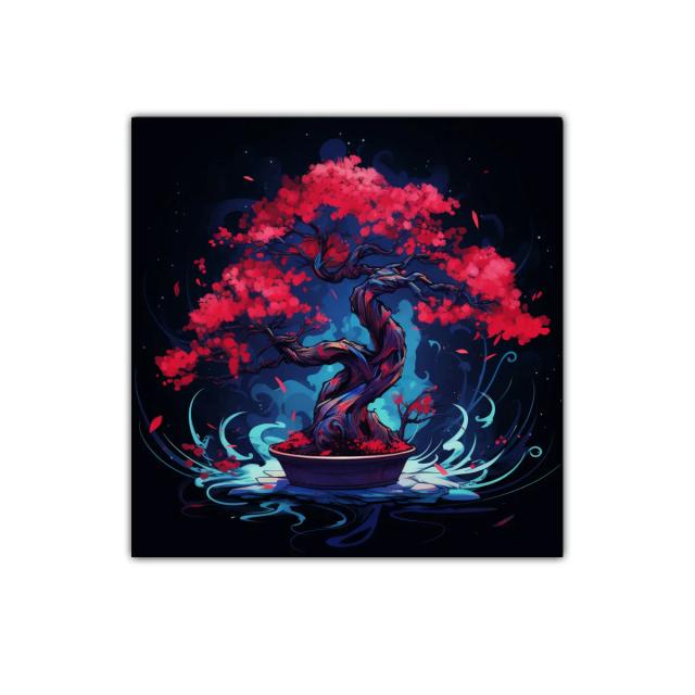 Bonsái vibrante con hojas en tonos rojos intensos