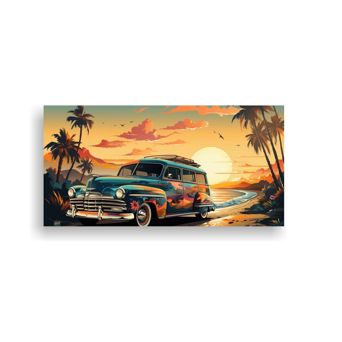 Cuadro coche clásico familiar en la playa al atardecer