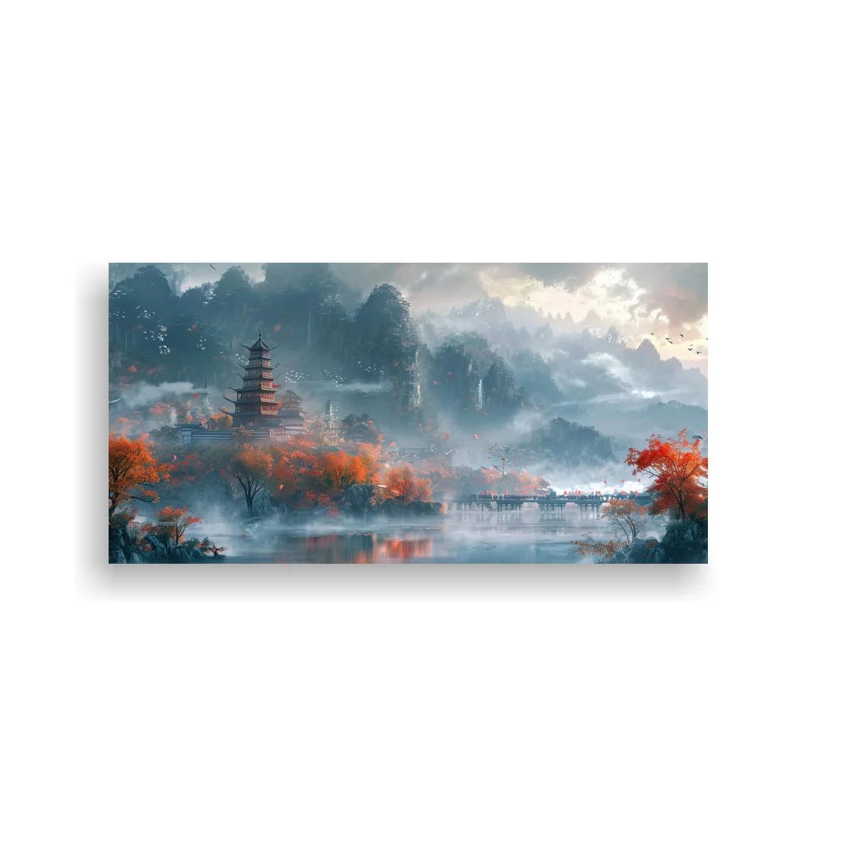 Cuadro pagoda junto a un lago con reflejos y niebla