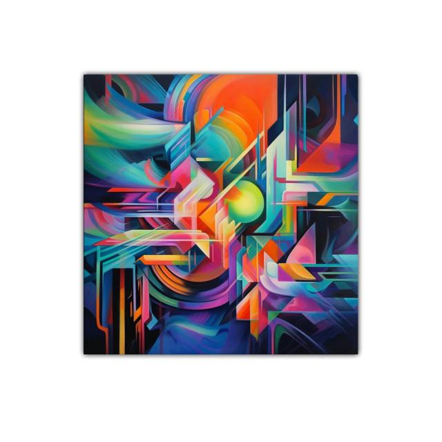 Cuadro abstracto vibrante con geometría dinámica y colores intensos