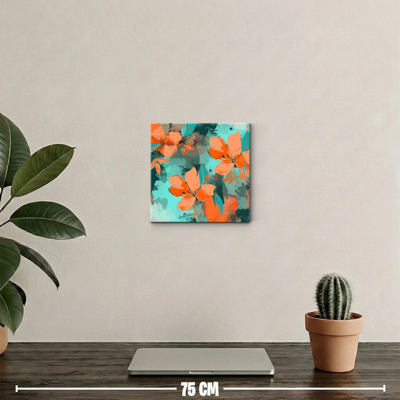 Cuadro moderno con flores vibrantes en tonos naranjas y turquesas — miniatura 2