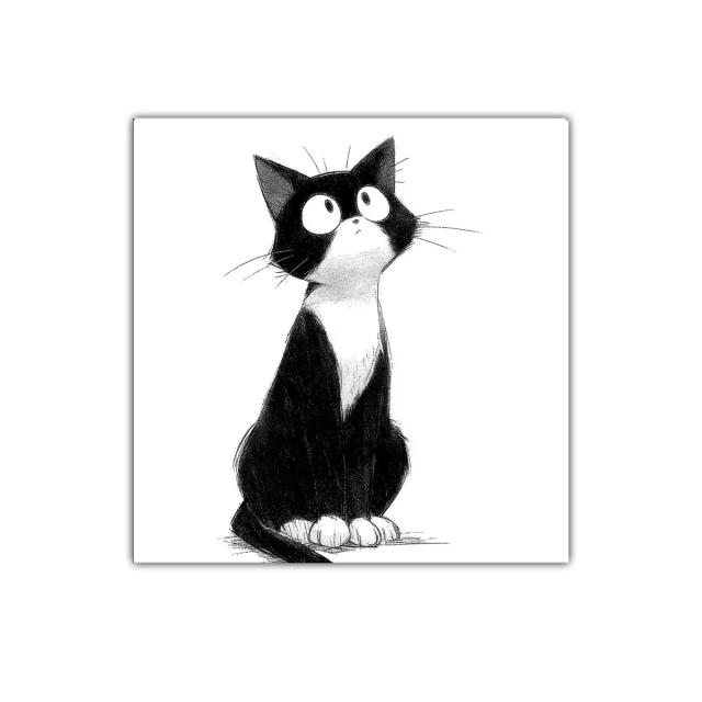 Dibujo minimalista de gato curioso en blanco y negro