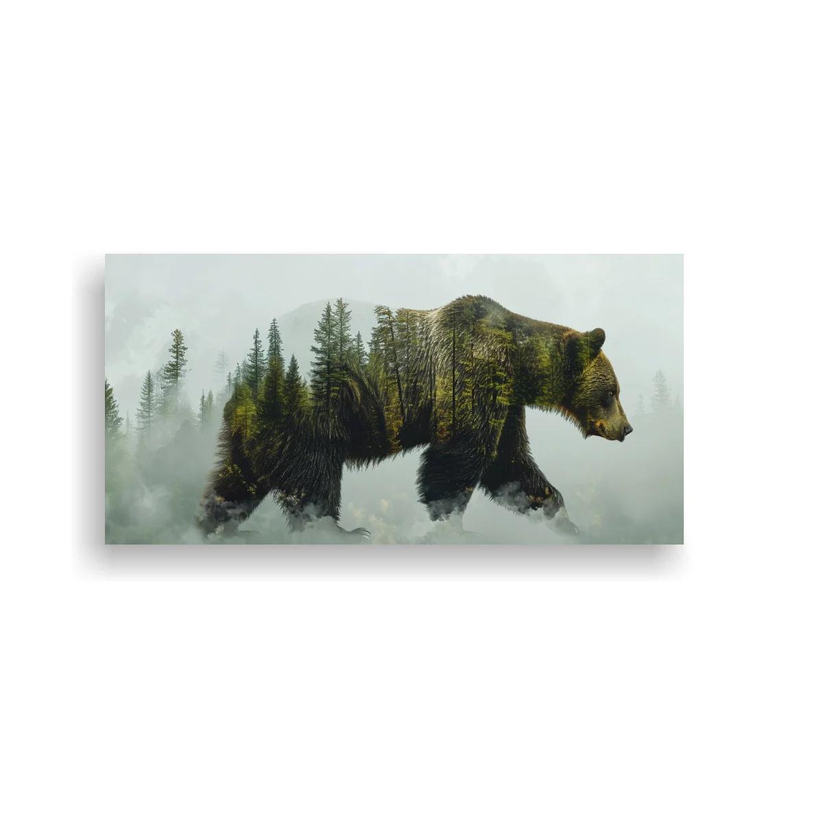 Cuadro oso pardo con bosque y montaña entre niebla — imagen principal