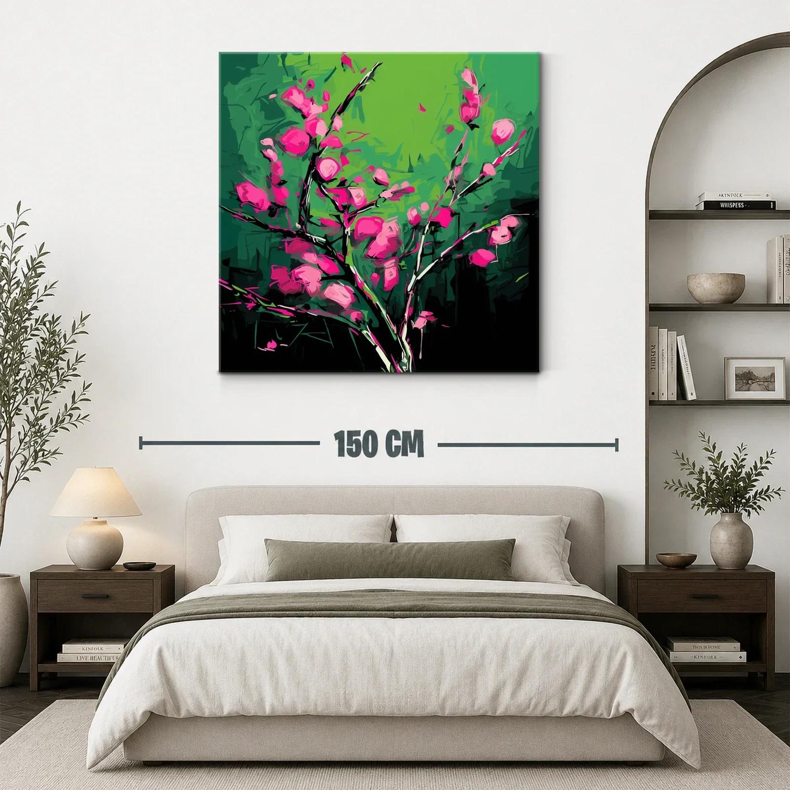 Cuadro vibrante con flores fucsias sobre fondo verde — miniatura 3
