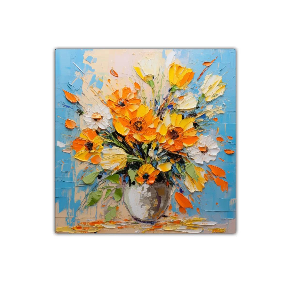 Ramo vibrante de flores amarillas y naranjas en azul — imagen principal