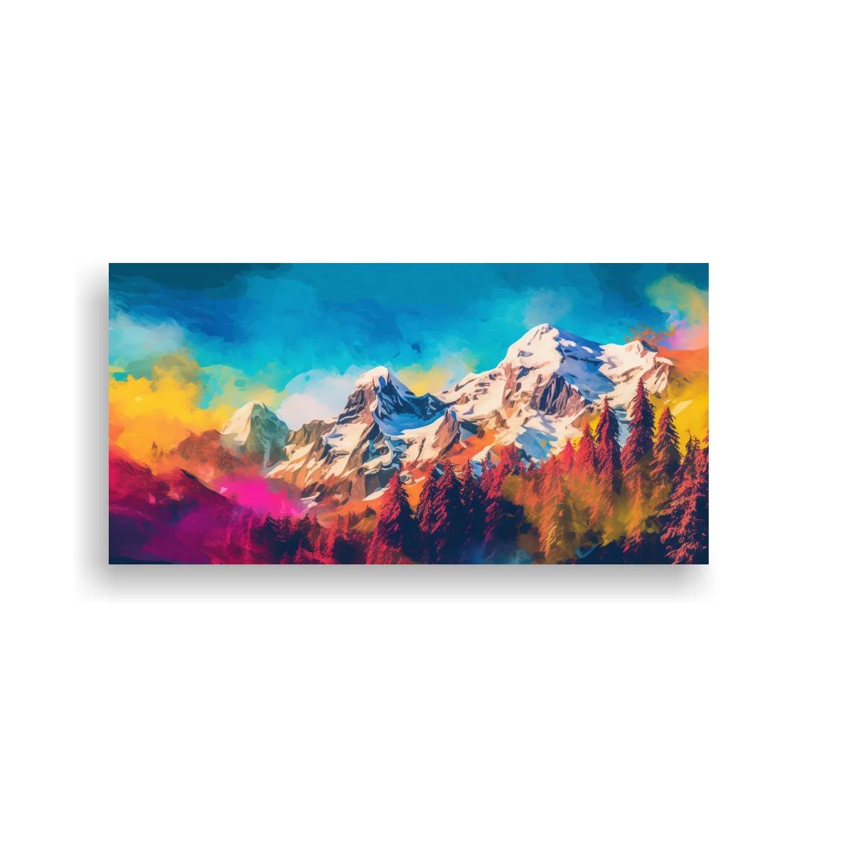 Cuadro cordillera nevada con bosques y tonos coral magenta