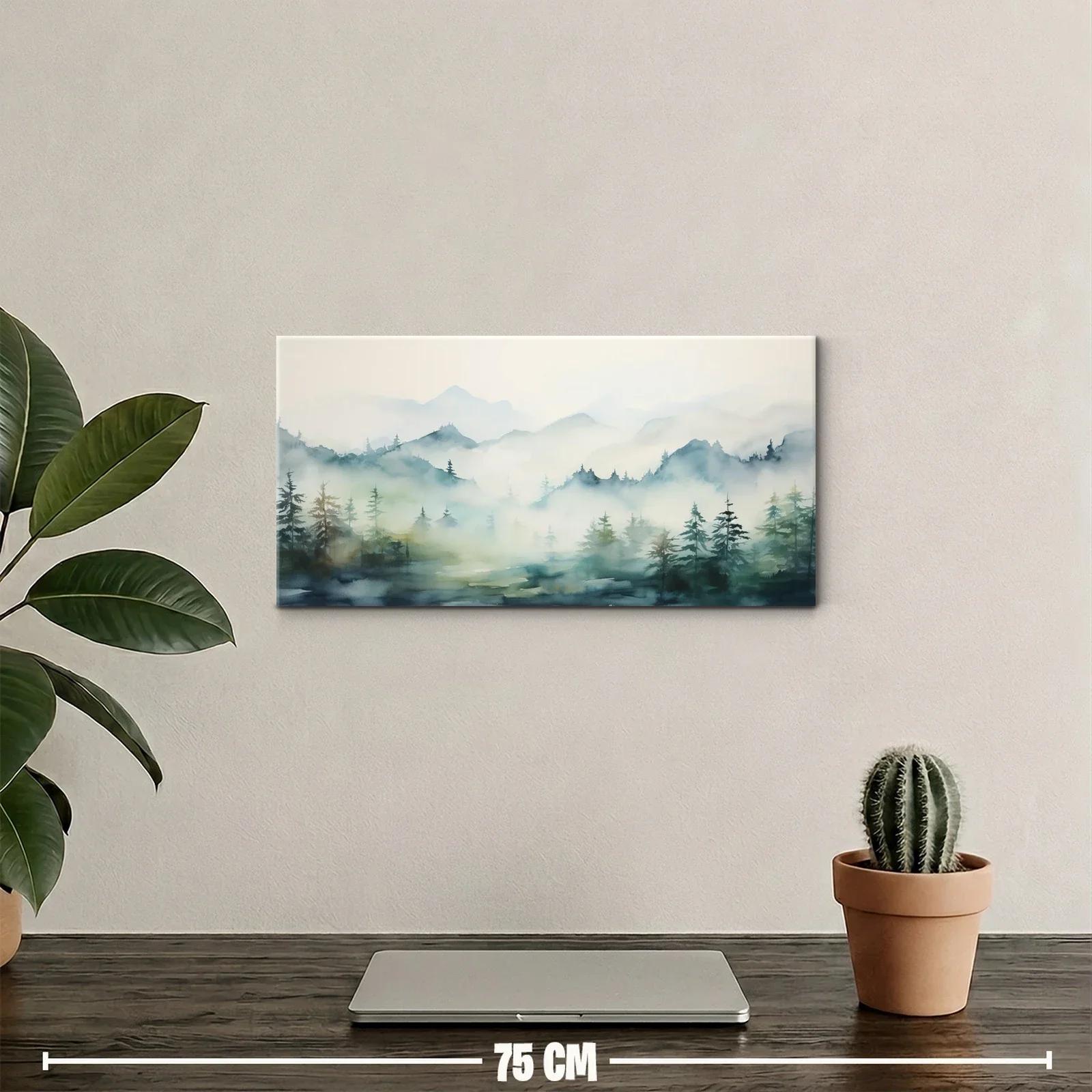 Cuadro paisaje de montañas con niebla y pinos — miniatura 2
