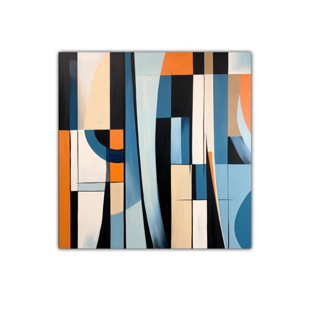 Cuadro abstracto con formas geométricas en tonos azul y naranja