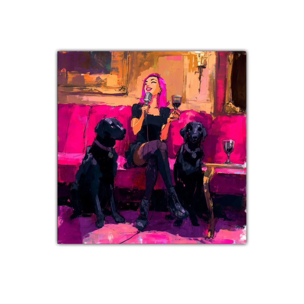 Divertida escena nocturna con mujer y perros en tonos fucsia — imagen principal