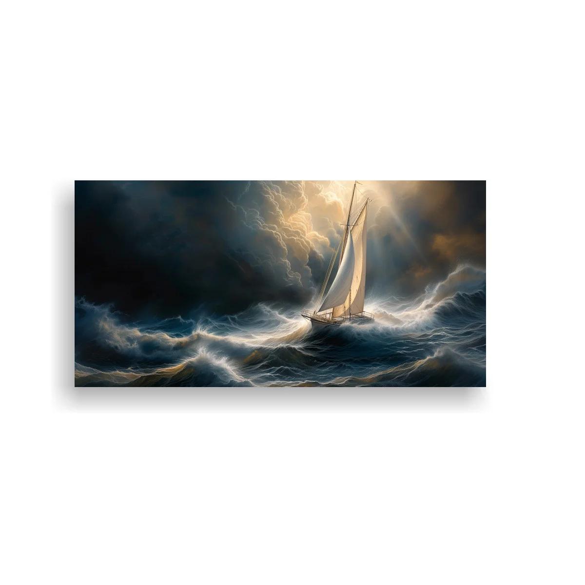 Cuadro velero en tormenta con velas claras y luz entre nubes