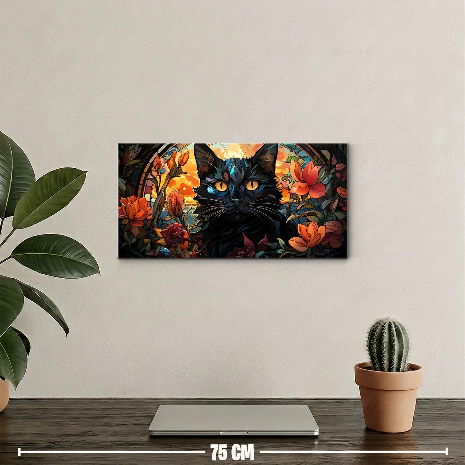 Cuadro gato negro de ojos azules con fondo cálido resplandeciente — miniatura 2