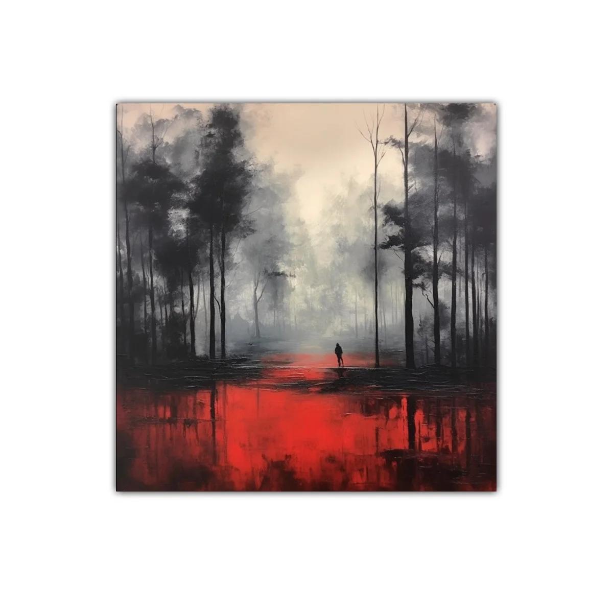 Bosque brumoso con reflejos intensos en rojo vibrante — imagen principal