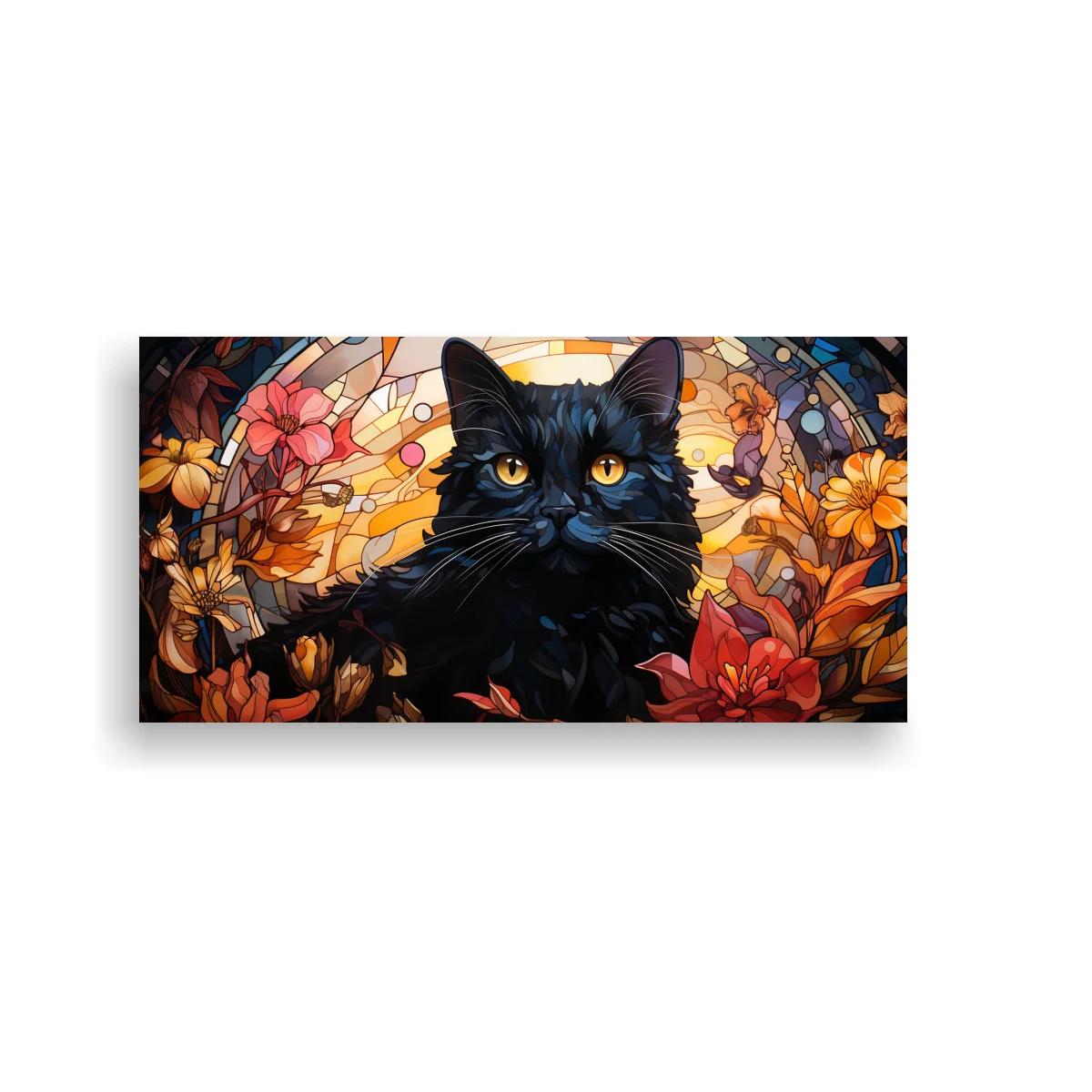 Cuadro gato negro de ojos dorados con fondo circular tipo vidriera