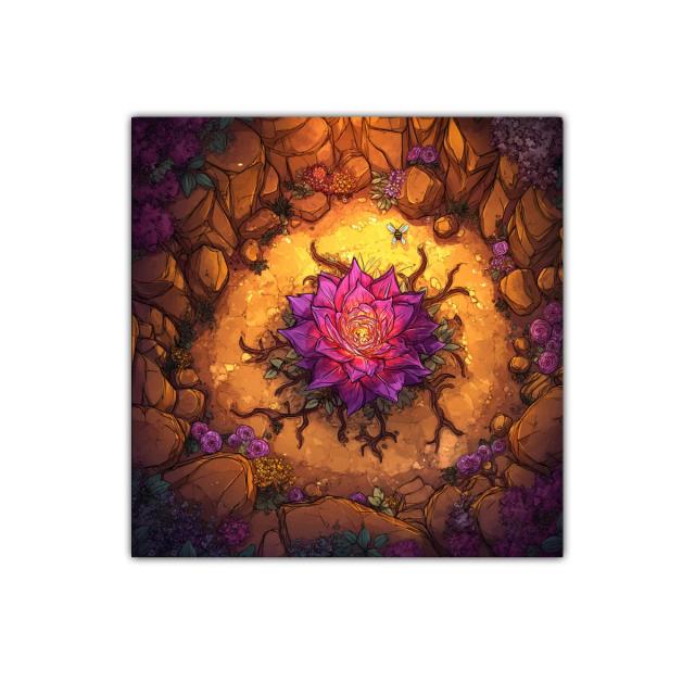 Flor luminosa rodeada de naturaleza en tonos cálidos y violetas