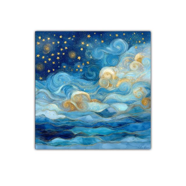 Sueños cósmicos en tonos azul y dorado vibrante