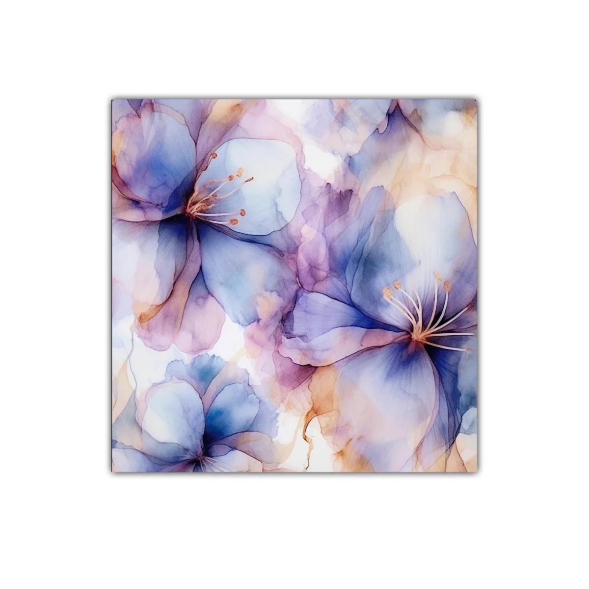 Cuadro decorativo floral en tonos azul y lavanda suaves