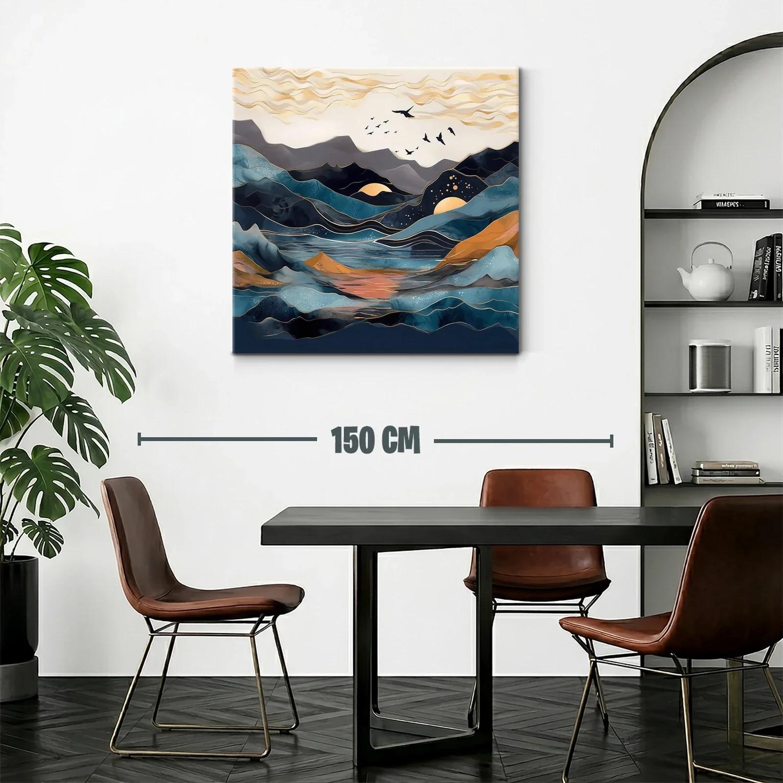 Paisaje abstracto con montañas y aves en tonos azules y dorados — miniatura 2