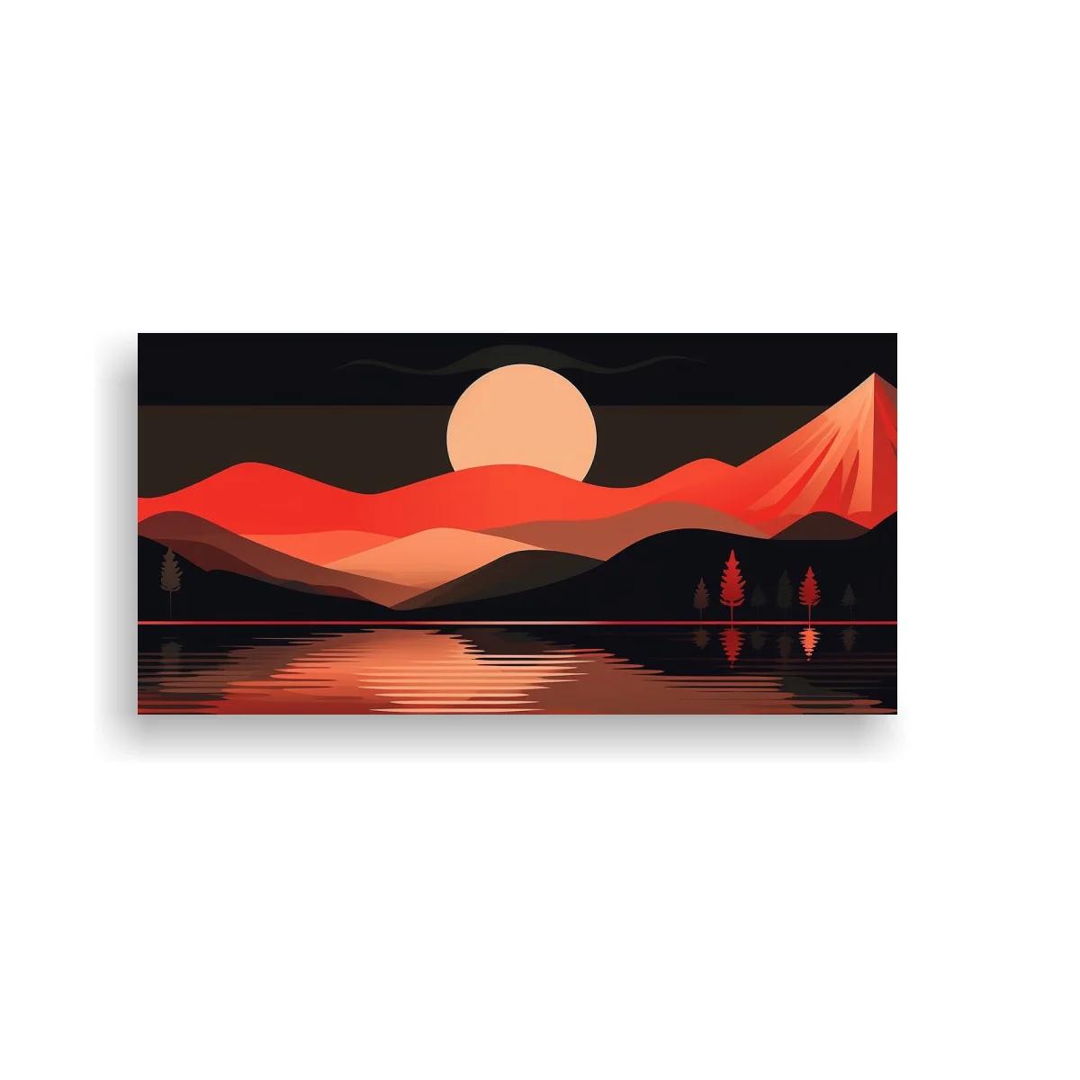 Cuadro paisaje de montañas al atardecer con sol y reflejo en el agua
