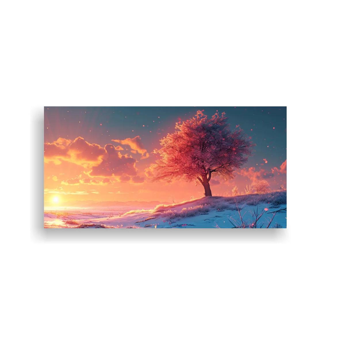 Cuadro árbol solitario al atardecer con arbustos