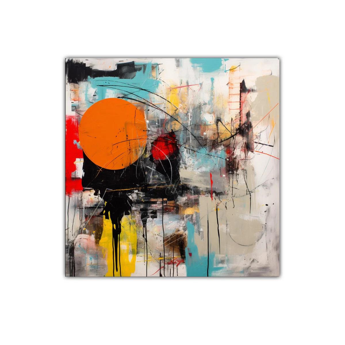 Cuadro abstracto con círculo naranja y trazos dinámicos