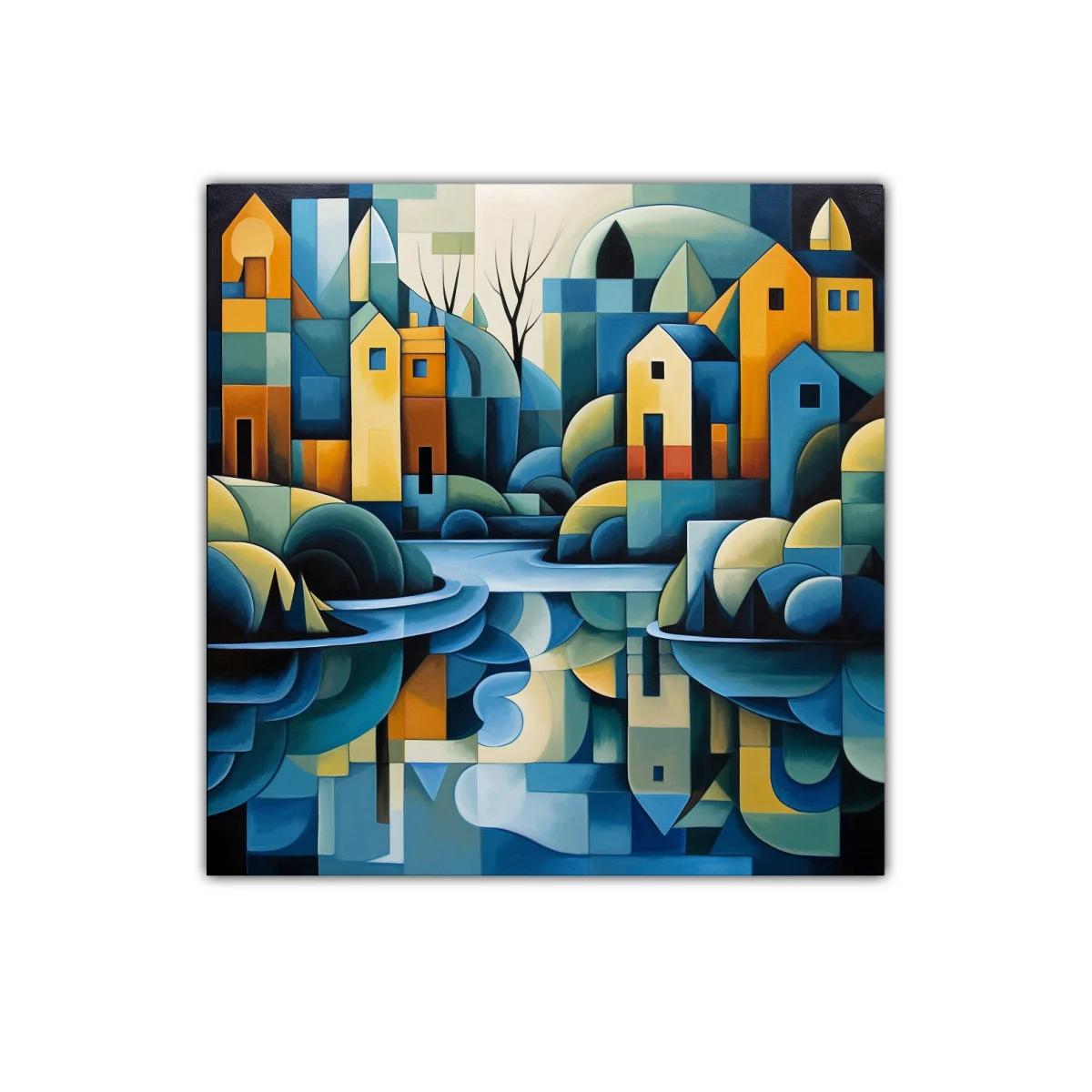 Paisaje urbano abstracto con reflejos en tonos azules y ocres — imagen principal