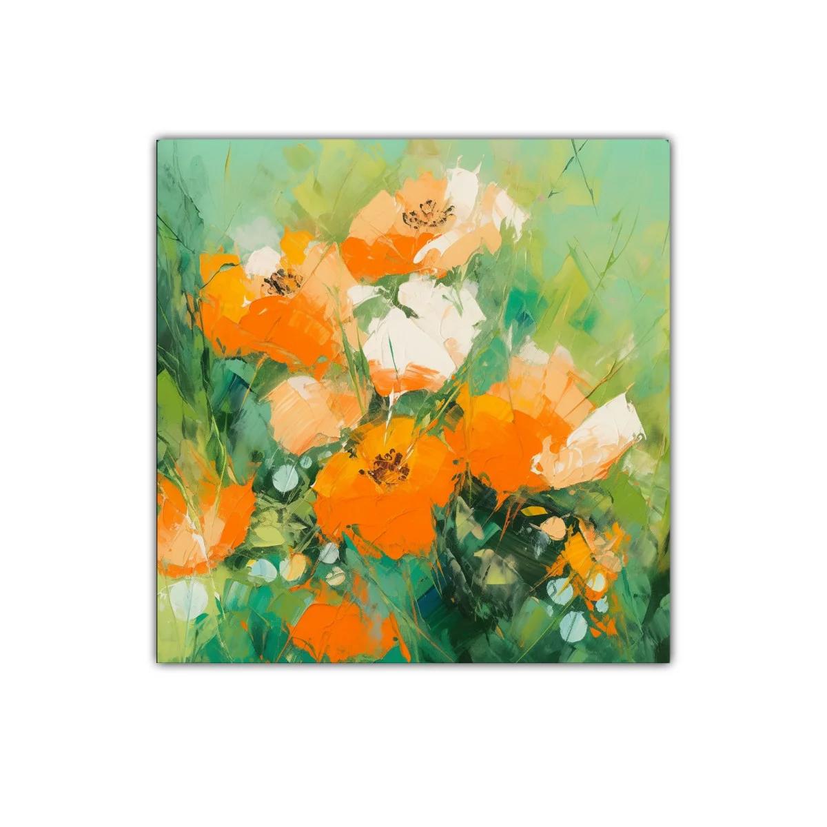 Cuadro decorativo flores vibrantes en tonos verdes y naranjas — imagen principal