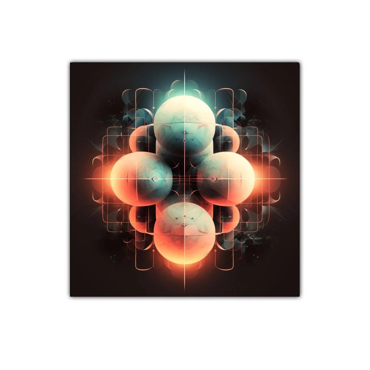 Arte abstracto con esferas luminosas en tonos cálidos y fríos