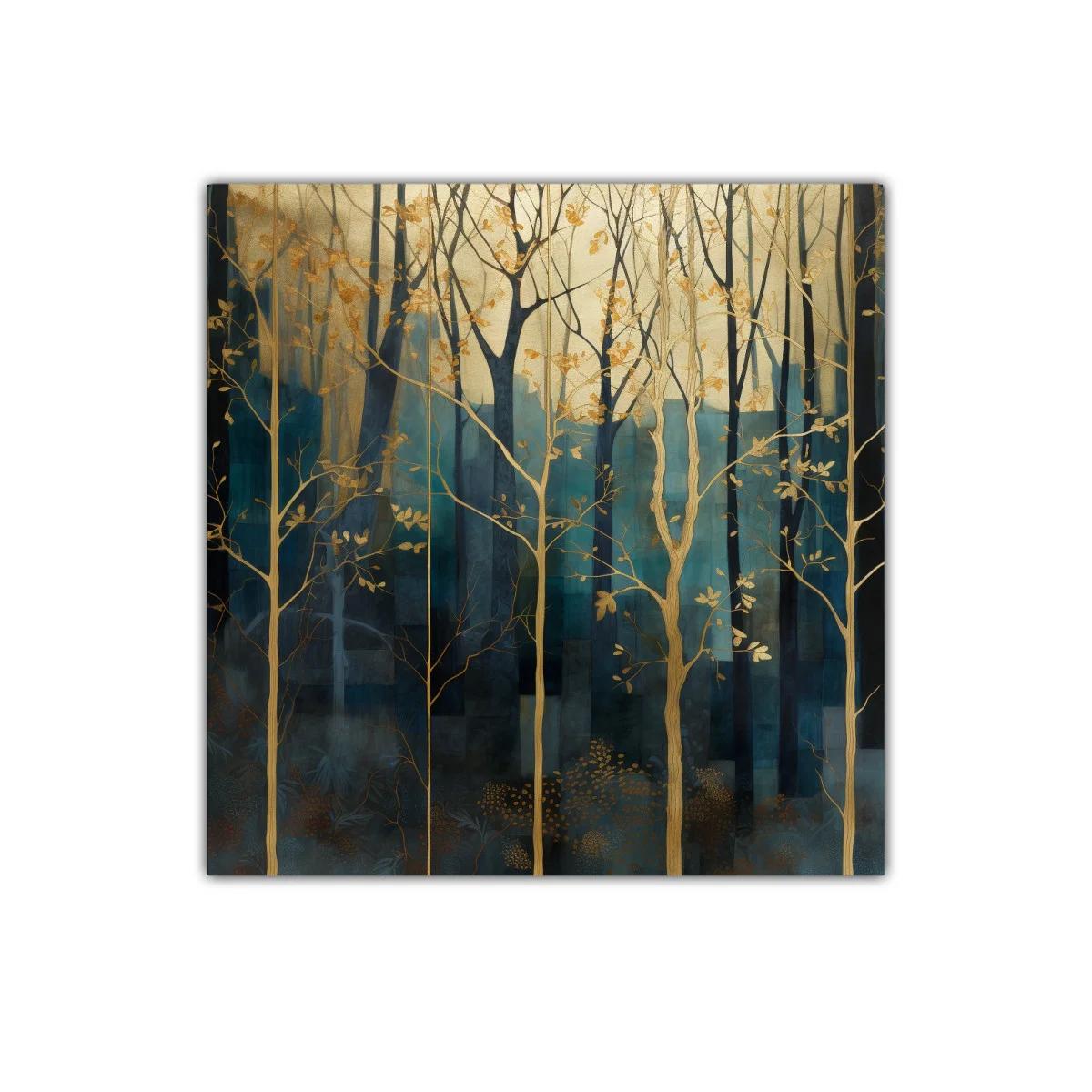 Bosque encantado con tonos dorados y azul profundo