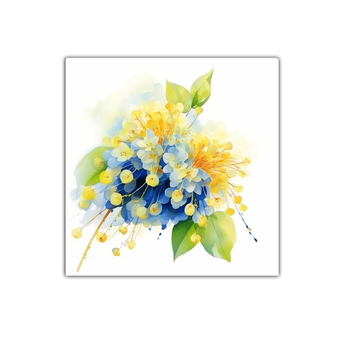 Cuadro floral en tonos azules y amarillos vibrantes