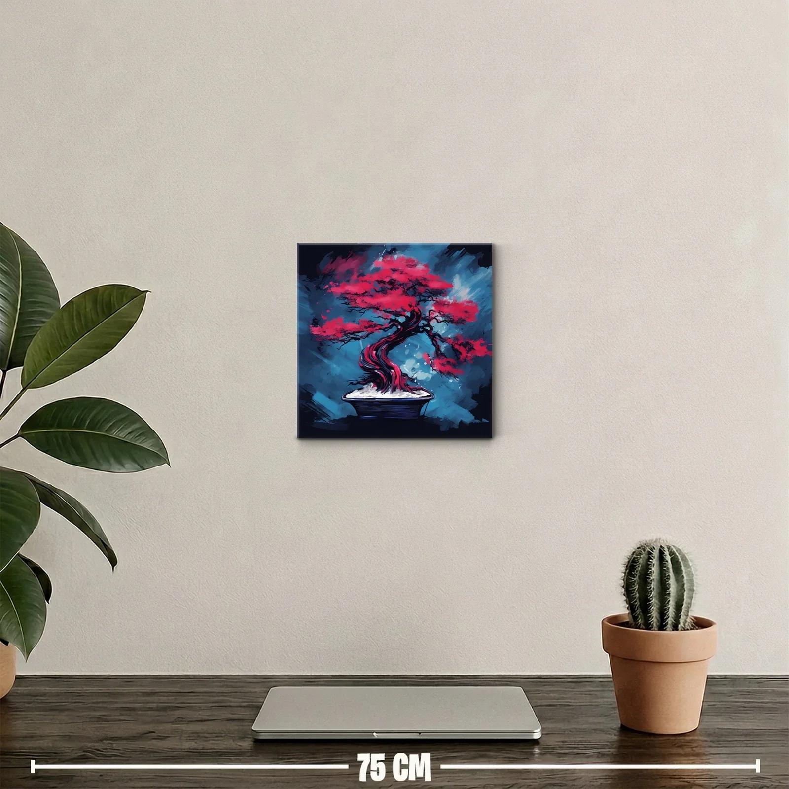 Árbol bonsái rojo intenso sobre fondo azul vibrante — miniatura 2