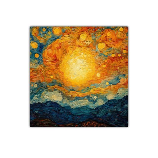 Cuadro vibrante con cielo estrellado y paisaje montañoso