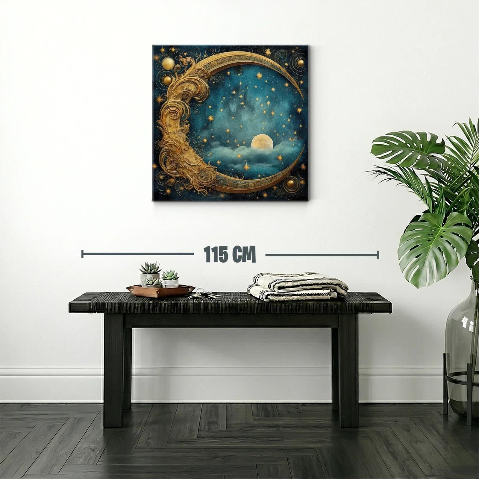Luna Dorada entre Estrellas en Cielo Nocturno Azul Profundo — miniatura 2