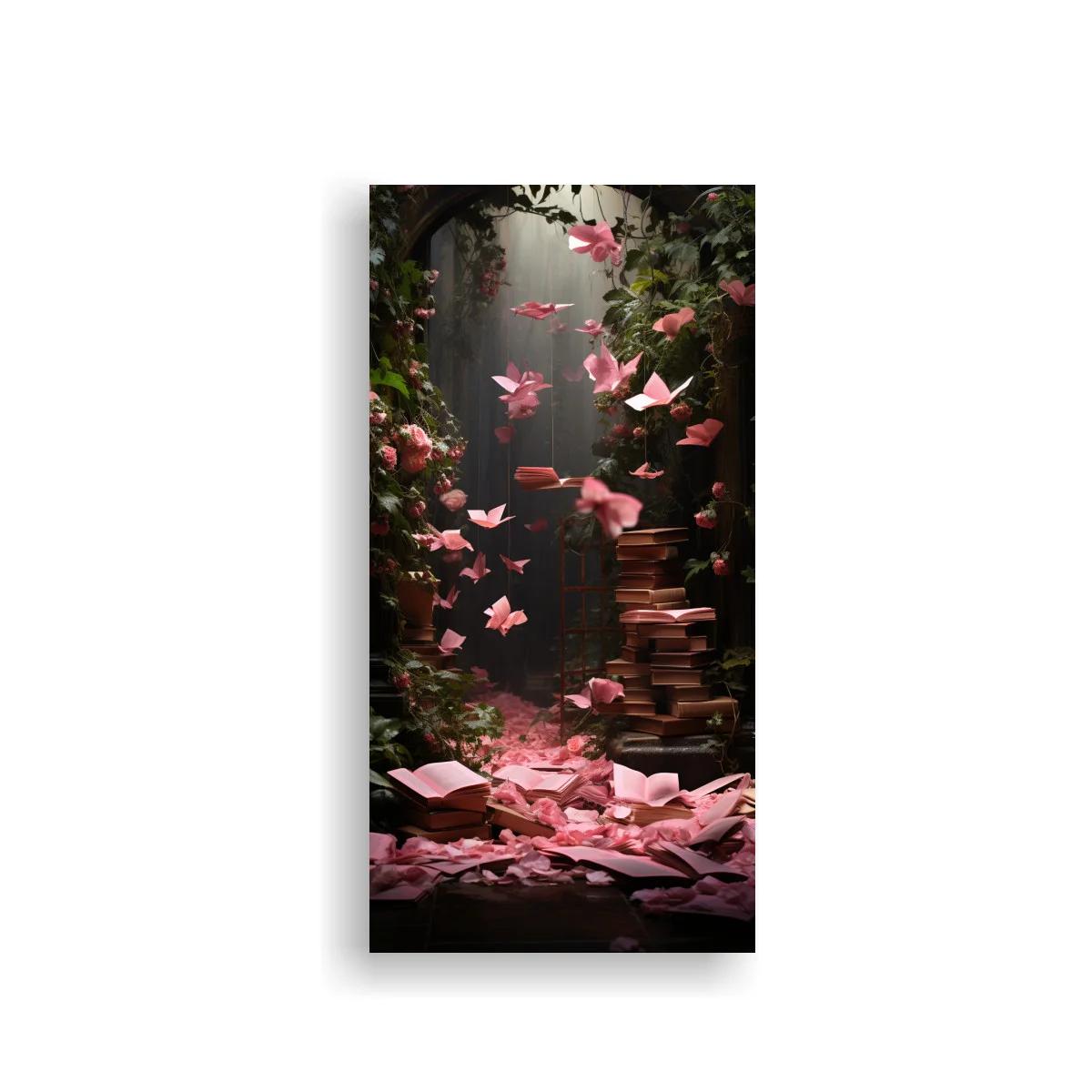 Cuadro mariposas rosas entre libros y pétalos