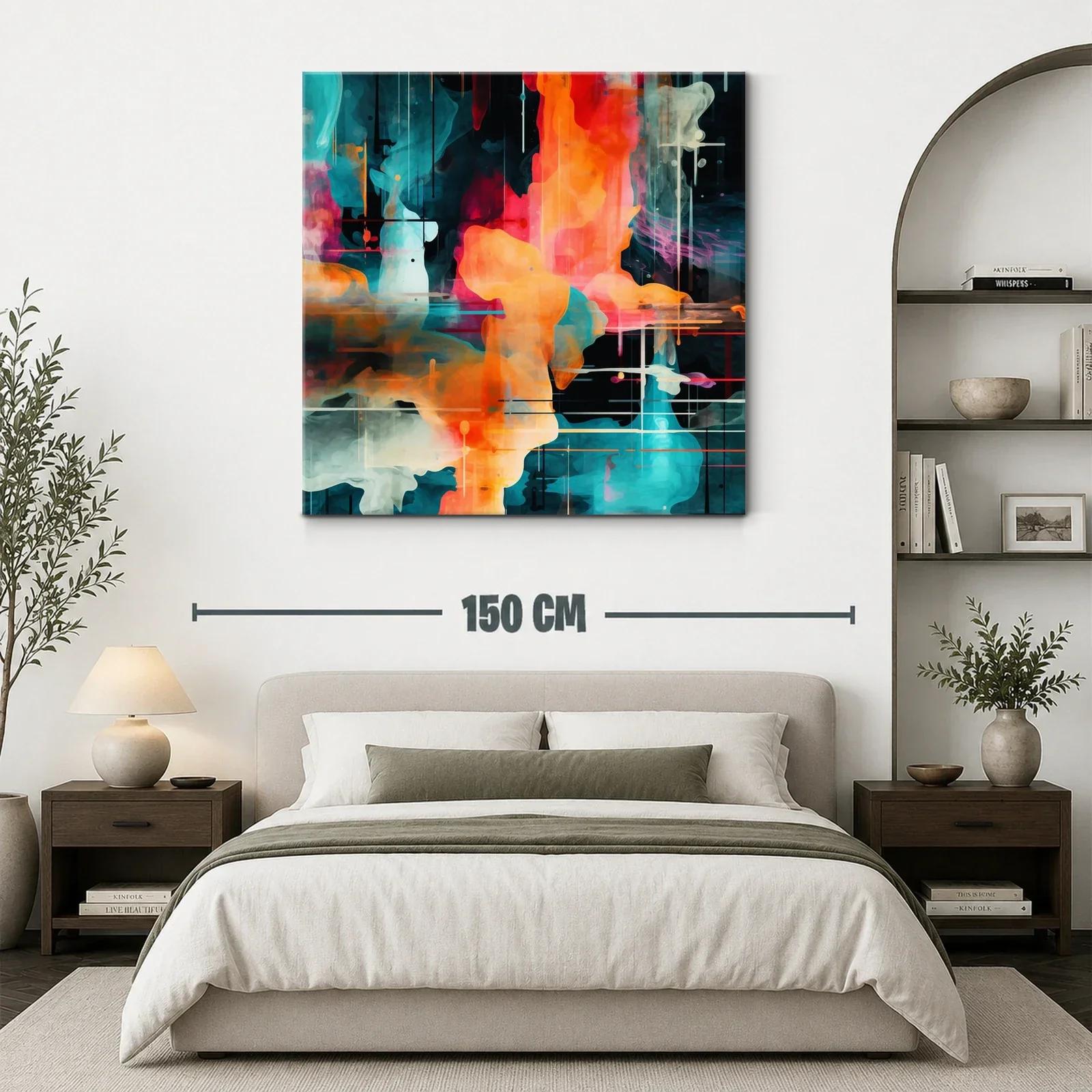 Cuadro abstracto en tonos vibrantes con formas fluidas y líneas sutiles — miniatura 3