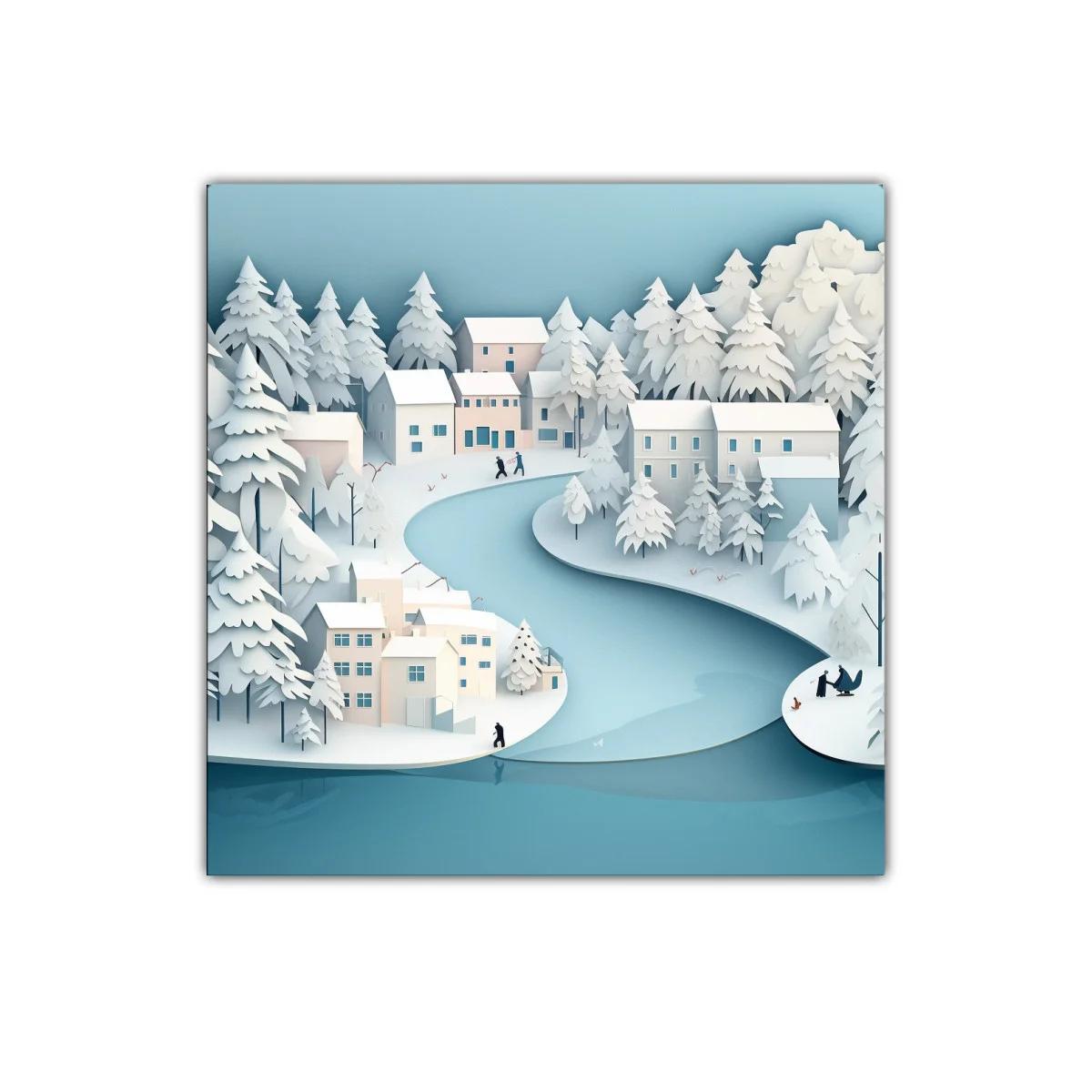 Paisaje invernal sereno con río y casas nevadas — imagen principal