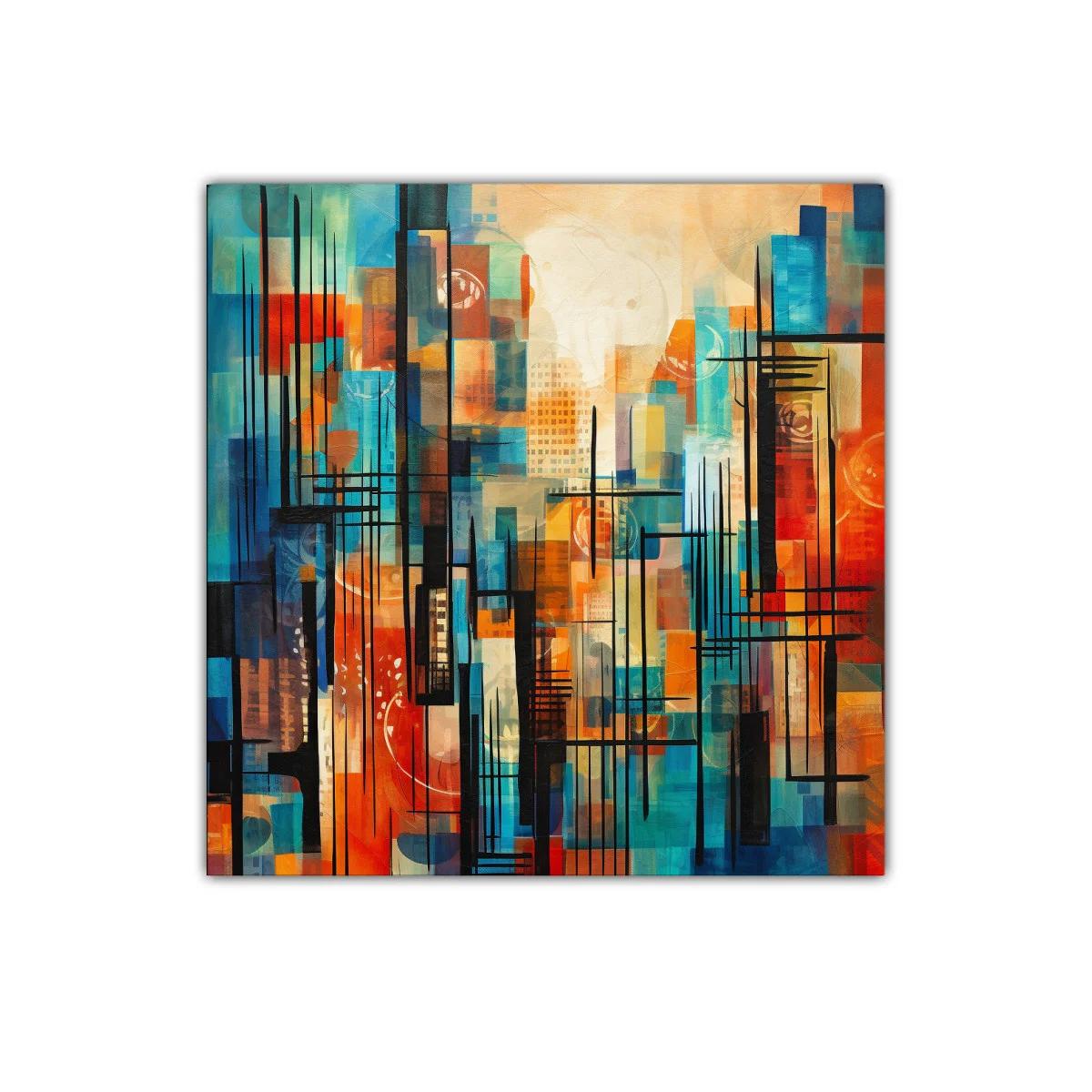 Composición abstracta urbana en tonos cálidos y fríos