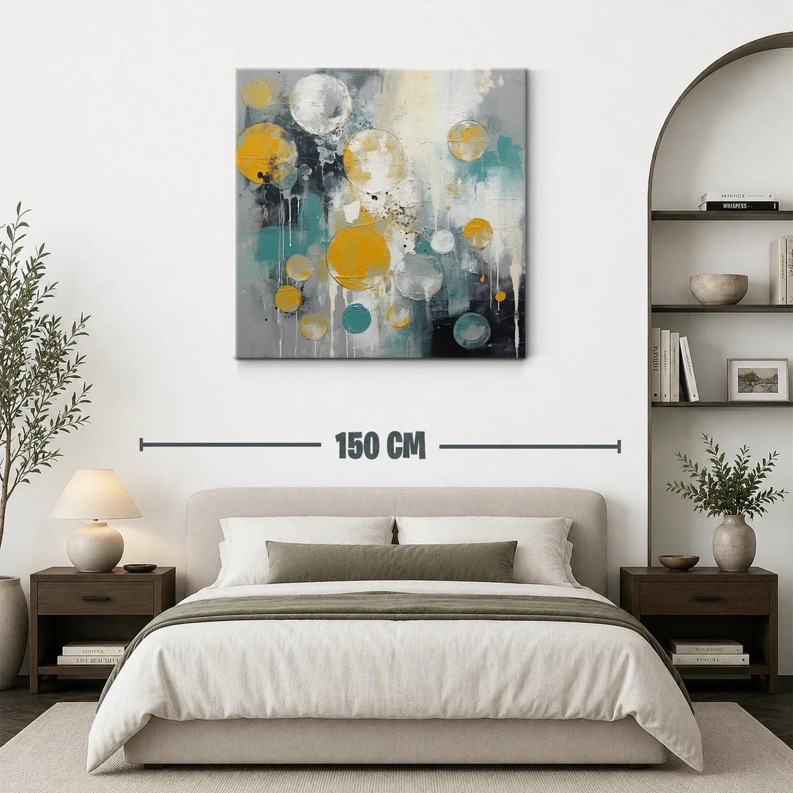 Cuadro abstracto con esferas doradas y tonos azulados — miniatura 3