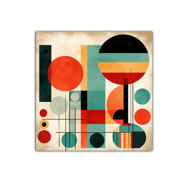 Composición geométrica con círculos y líneas en colores vibrantes