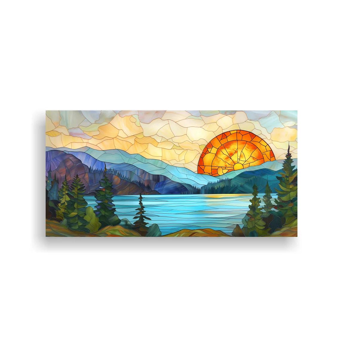 Cuadro paisaje lacustre de montaña con sol anaranjado tipo vitral — imagen principal