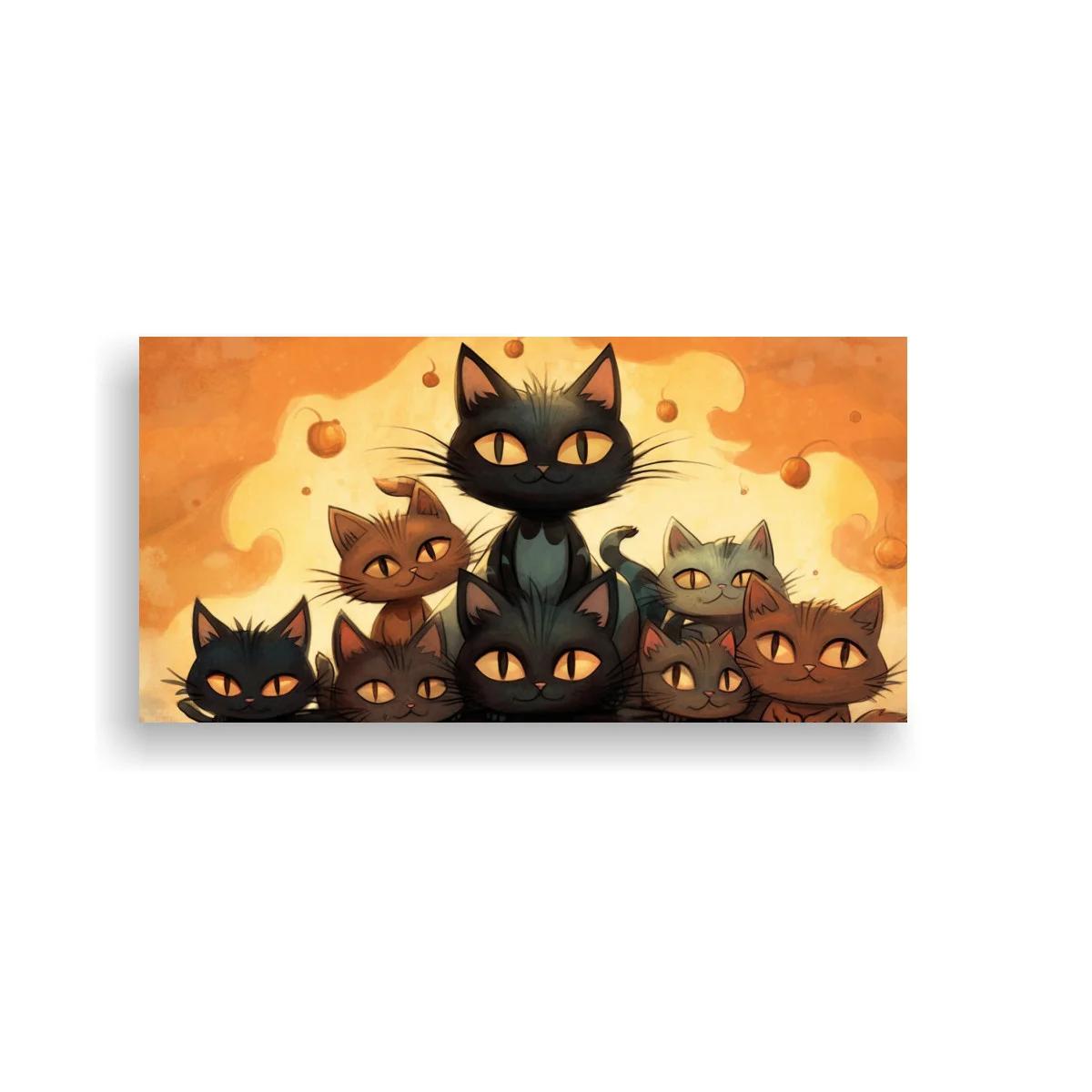 Cuadro grupo de gatos negros y atigrados sobre fondo cálido — imagen principal
