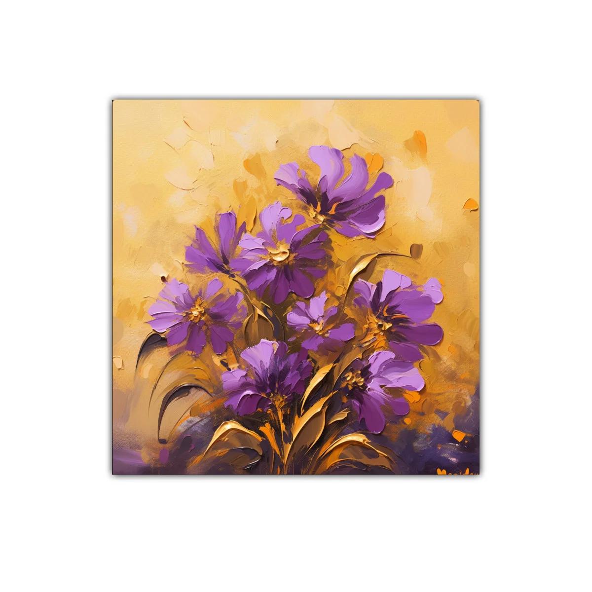 Cuadro floral con vibrantes flores moradas y fondo cálido — imagen principal