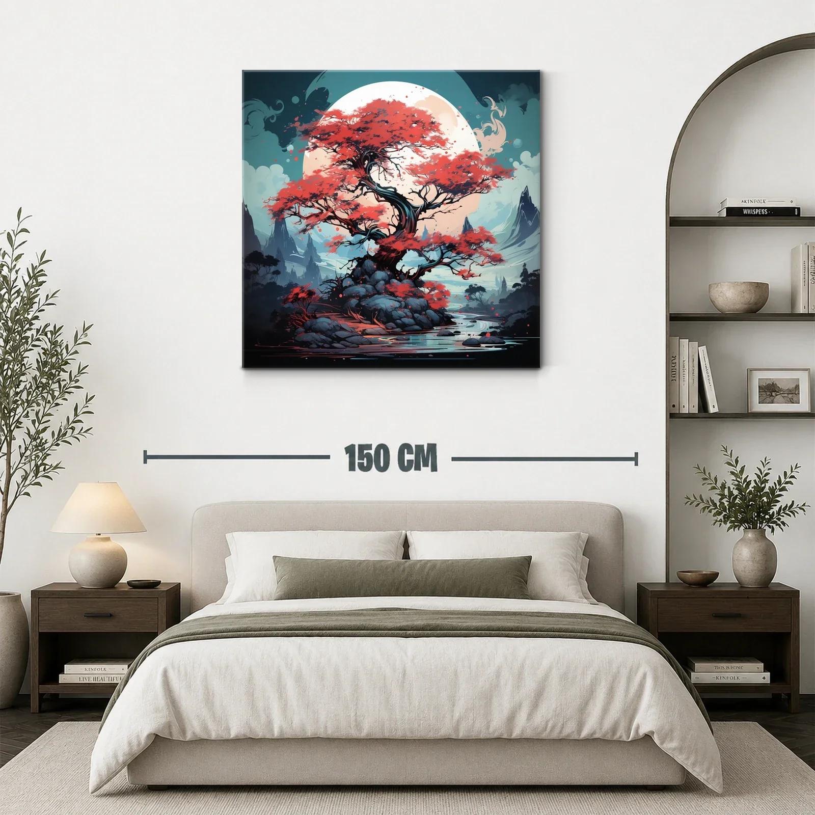 Árbol rojo frente a luna gigante en paisaje místico — miniatura 3